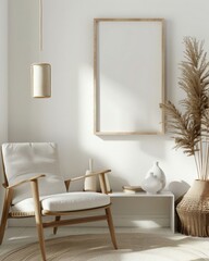 A white armchair with pillows and a vase of dried flowers in a minimalist room with a floor lamp