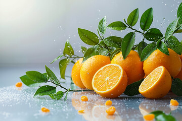 A bunch of oranges with leaves on a table