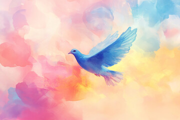 Obraz premium A vibrant digital painting of the Holy Spirit dove in flight, soaring across an abstract, colorful watercolor background. The soft hues of blue, pink, and yellow blend together, creating a sense of