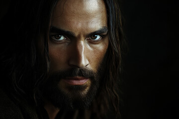 Fototapeta premium A realistic portrait of Jesus Christ, His face serene and compassionate, with a slight expression of wisdom. The dark background enhances the glow around His face, highlighting His deep, soulful eyes