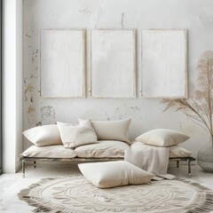 Three blank picture frames with black frames hanging on a concrete wall above a long bench cushion with white pillows and throw blanket There is a large. round rug in front of the bench cushion and a