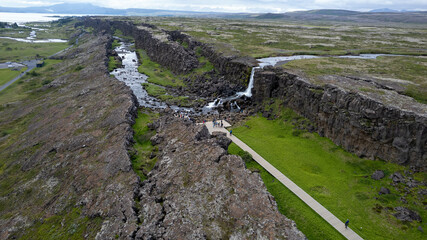 Thingvellir National Park: Aerial View of Iceland's Rift Valley and Oxararfoss Waterfall