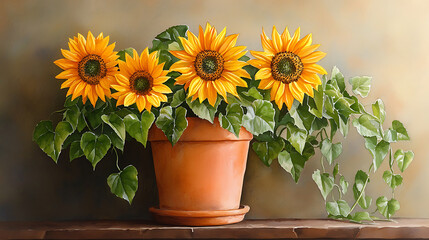 Fototapeta premium vibrant sunflower bouquet in terracotta pot, showcasing bright yellow blooms and lush green leaves, evokes cheerful and warm atmosphere