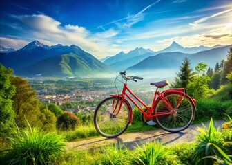 Fototapeta premium Stunning Landscape Photography of a Red Bike with City and Mountain Views Reflected in Its Wheels, Perfect for Travel Concepts and Adventure Enthusiasts
