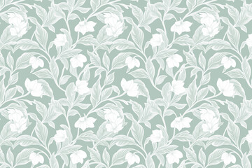 Fototapeta premium Toile pattern tapestry. Arts and crafts. Monochrome botanical pattern background. Created with Generative AI technology
