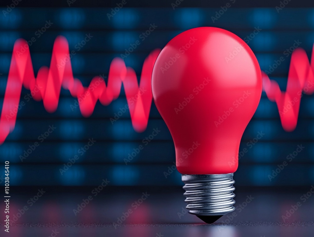 Poster an illuminated light bulb stands for ingenuity and dynamism, with rising graphs in the background sy