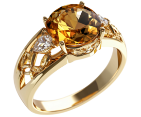 Elegant golden ring with a sparkling refined orange gemstone in the center, PNG file isolated on the white and transparent background.