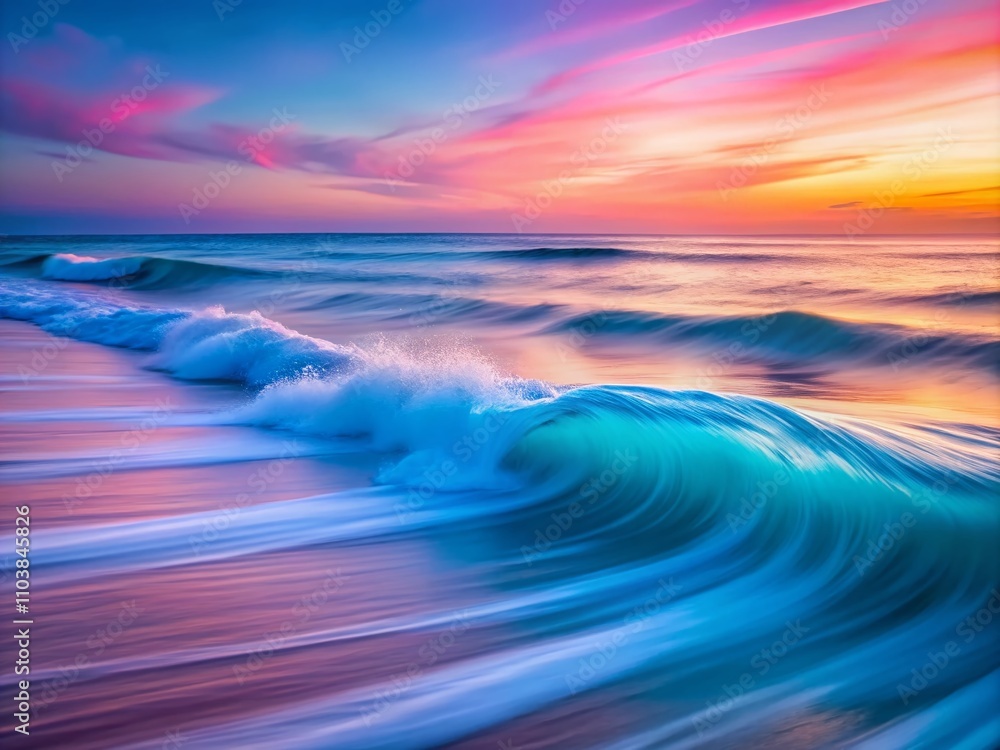 Poster stunning long exposure of pastel gradient waves transitioning from pink to blue in a smooth and visu