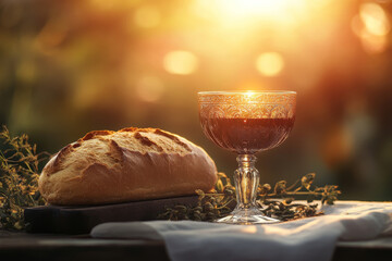 Obraz premium A symbolic representation of the Holy Communion with a loaf of bread and a chalice of wine on an altar. The setting is peaceful, with warm, soft light highlighting the sacred symbols of Christ's body