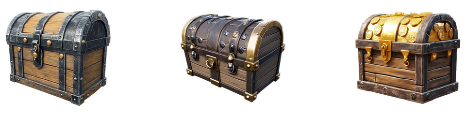 Treasure chest isolated on transparent background, Set of
