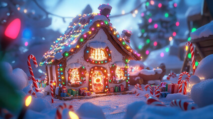 Fototapeta premium Gingerbread house surrounded by candy canes, snow, and colorful Christmas lights, creating a magical scene