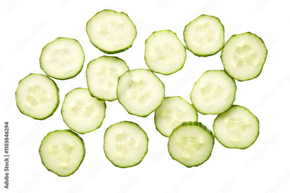 Aufkleber top-down perspective of thinly sliced cucumbers, emphasizing their smooth surface and refreshing app