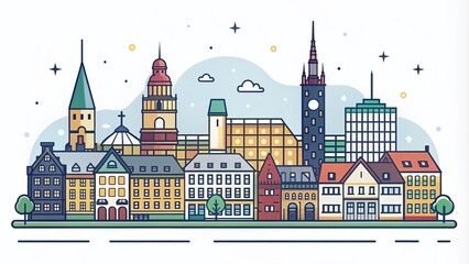 Stunning Low Light Cityscape of Aarhus, Denmark: A Flat Travel Illustration Capturing Iconic Landmarks in a Minimalist Outline Style for Urban Exploration Enthusiasts