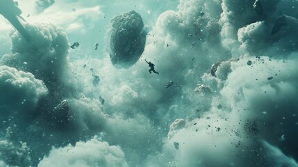 Person falling through asteroid field amidst swirling clouds and debris.
