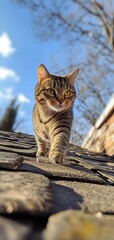 Tabby cat navigating rooftop urban environment animal photography clear sky dynamic perspective