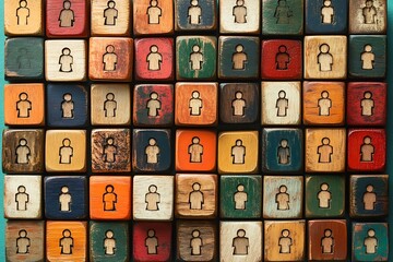 Diverse Wooden Block People Social Symbolism in Sunlight