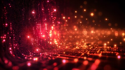 Abstract digital red coding interface with glowing particles, creating a futuristic Christmas vibe.