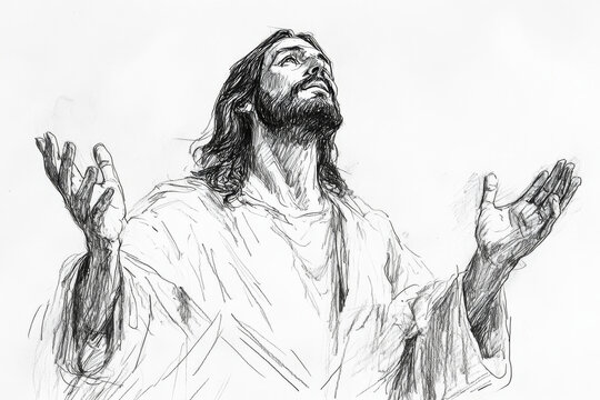 A sketch of Jesus Christ, drawn in delicate pencil lines with His hands outstretched, surrounded by a white space that invites thoughtful copy or spiritual messages