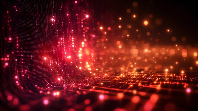 Abstract digital red coding interface with glowing particles, creating a futuristic Christmas vibe.