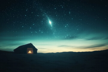 A serene Nativity scene with the silhouette of a stable in the vast desert, bathed in soft light from a bright comet and the twinkling stars above, highlighting the birth of Jesus