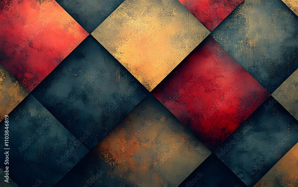 Poster abstract geometric pattern featuring textured squares in deep red, gold, and dark blue, creating a d