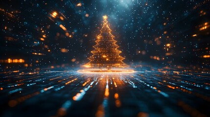 Futuristic Christmas Tree: A digital wonder glowing in the dark, sparkling with festive lights and a magical, snowy atmosphere.