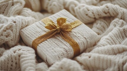A heartwarming Christmas gift,wrapped in soft, cream knit wool, adorned with a golden ribbon. Festive cheer!