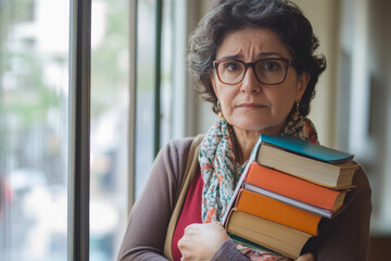 A middle-aged Brazilian teacher woman standing by the classroom window, gazing out with a distant, sad look, holding a stack of books close to her chest