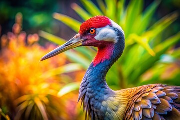 Naklejka premium Stunning Macro Photography of a Crane in Its Natural Habitat, Showcasing Intricate Details of Feathers, Beak, and Surrounding Environment in Vivid Colors and Textures