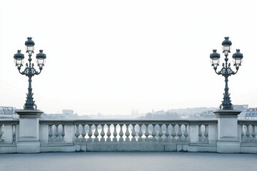 Fototapeta premium Ornate lamps flank Parisian balustrade overlooking city.