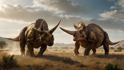 Fototapeta premium Two Triceratops dinosaurs facing off in a prehistoric landscape, dust swirling around their feet, under a dramatic sky.