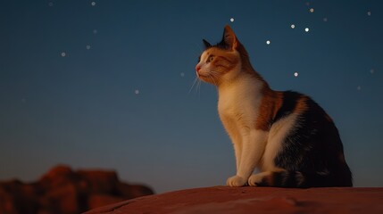 Calico cat stalking stars a serene urban rooftop adventure