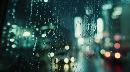 Enchanted Night City Rain Drops on Glass: A Mystical Urban Evening View