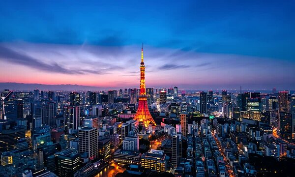 Tokyo skyline at sunset with the iconic tower glowing in the dusk.
