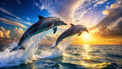Obraz premium Stunning Macro Photography of Two Dolphins Leaping Together Above the Water's Surface in a Dynamic Display of Joyful Aquatic Movement and Natural Beauty