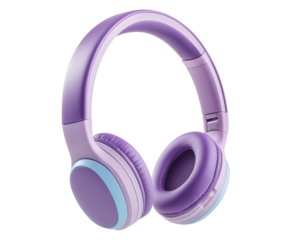 Wireless headphones in vibrant purple color, isolated on white. Stylish modern purple headphones with soft cushions, PNG file on transparent background.