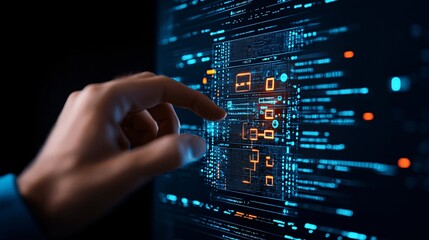 Developer testing augmented reality experience, virtual screen elements, tech workspace, close-up,