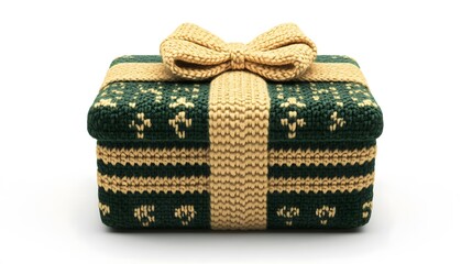 A festive woolen gift box, intricately knitted with a charming bow, sits on a plain white background, exuding warmth and holiday cheer.