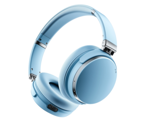 Modern design portable wireless headphones in soft blue color, PNG file isolated on white and transparent background. 