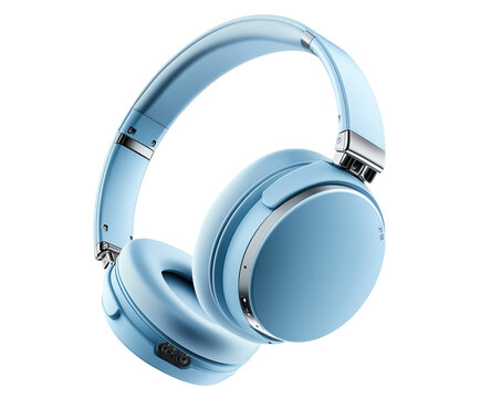 Modern design portable wireless headphones in soft blue color, PNG file isolated on white and transparent background. 
