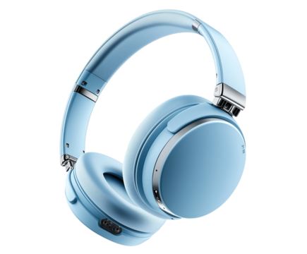 Modern design portable wireless headphones in soft blue color, PNG file isolated on white and transparent background. 
