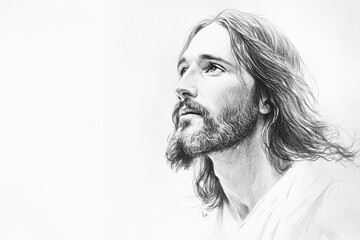 A gentle pencil sketch of Jesus Christ with flowing hair and a calm demeanor, with a white background offering clear space for Bible verses or reflective text