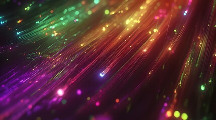 Obraz premium A vibrant scene of fiber optic cables glowing with multicolored light, illuminating the night sky in an abstract, futuristic design