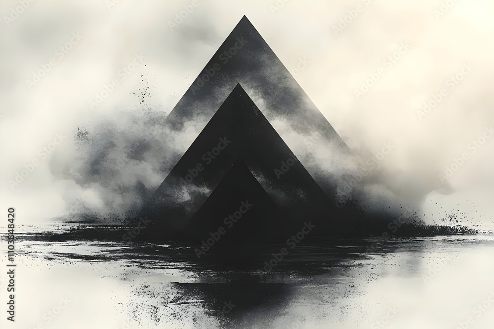Aufkleber a striking abstract composition featuring three overlapping black pyramids, emerging from a misty, e