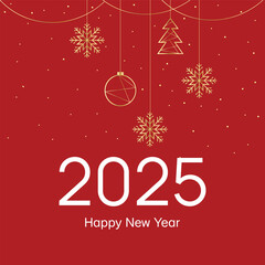 Naklejka premium 2025 happy new year square banner. White number on the red background with garland with golden snowflakes and balls. 