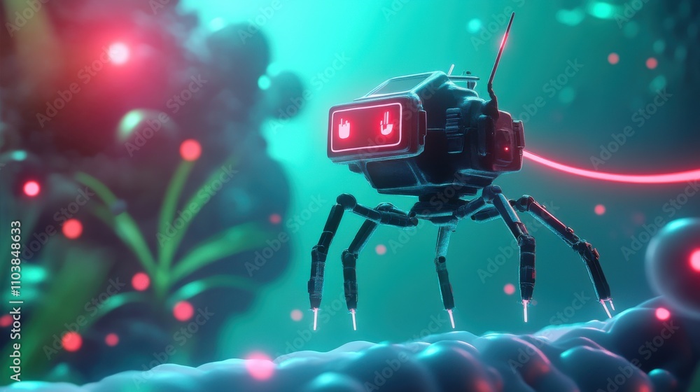 Poster futuristic robot exploring underwater environment with neon glow and bio-luminescent elements in a v