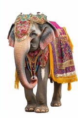 Ornately adorned elephant, vibrant colors.