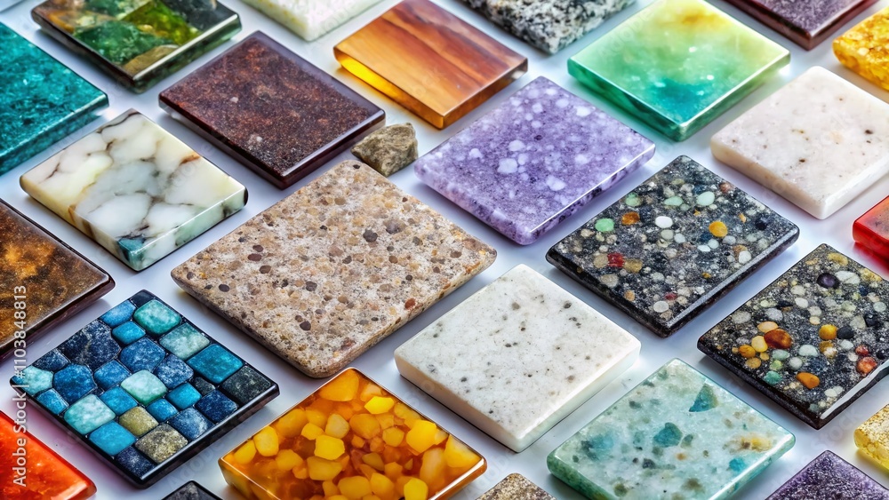 Poster stunning multi-colored quartz stone samples in square shapes showcasing grey terrazzo texture on a w