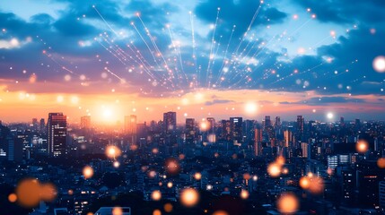 Obraz premium A futuristic cityscape with glowing fiber optic cables transmitting light across the sky, showcasing high-tech transmission systems