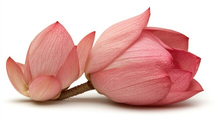 Two delicate pink lotus flowers, one slightly open, the other in bud, on a white background.